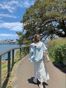 Blue Zipper Hooded Thin Long Sleeve Womens Open Cardigan Sweatshirt Early Autumn New Style Spring Autumn Cotton Blend Outerwear