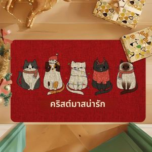 VIKAMA พรมคริสต์มาสลายการ์ตูนแมว พรมขนนุ่ม พรมเช็ดเท้าหน้าประตู พรมกันลื่นสำหรับห้องครัวและห้องน้ำ พรมดูดซับน้ำ ของตกแต่งบ้าน