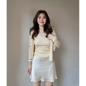 Korean Style High Waist Yellow Knitted Crop Top with Acetate Skirt Set Womens Fashion Autumn Outfit Long Sleeve Vest