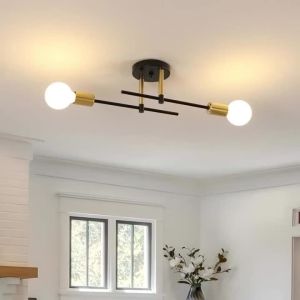 JOYINLED Modern Sputnik Chandelier Ceiling Light Fixtures 2-Lights Industrial Metal Semi Flush Mount Ceiling Lamp Black and Gold