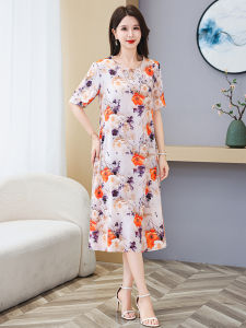 Elegant Cotton Silk Dress 3D Printed Short Sleeve Summer Midi Skirt for Mature Women Comfortable Fit A-Line Silhouette