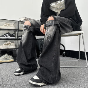 กางเกงยีนส์ทรงหลวมสไตล์อเมริกัน High Street Design Sensation สำหรับผู้ชาย กางเกงขายาวทรงหลวมสไตล์ย้อนยุค กางเกงยีนส์ขาดสำหรับฤดูร้อน