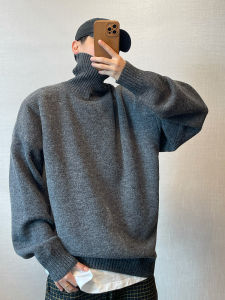 Dannyandzee Autumn Winter Retro All-Matching Fleece-Lined Thickened Bandage Dress Heattech Fit Pure Color Turtleneck Sweater Men