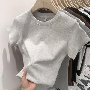 Gray Short Sleeve round Neck Cotton T-Shirt Womens Slim Fit Basic Style Summer New Arrival Commute Style Korean Version Top
