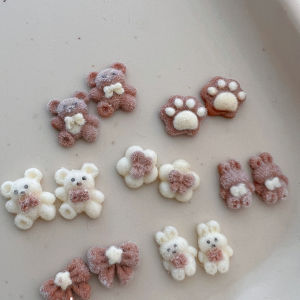 10pcs New Plush Bear Nails Jewelry Cute Plush Bow Rabbit Milk Coffee Charms Nail Art Decoration Rhinestones Manicure Accessories