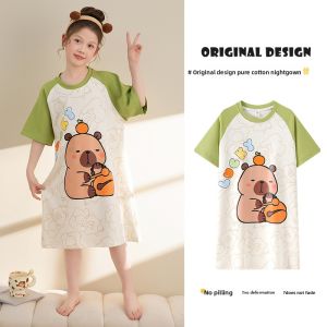 Miiow | Pure Cotton Summer Lightweight Short Sleeve Girls Nightgown Cartoon Childrens Sleepwear Home Clothes For Little Girls