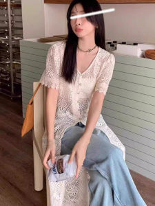 เสื้อคาร์ดิแกนถักแขนสั้นคอวีทรงหลวมสไตล์วินเทจสำหรับผู้หญิงในฤดูใบไม้ผลิและฤดูร้อน ผ้าฝ้ายผสมโพลีเอสเตอร์