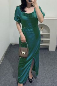 Size S M L XL Dress Satin Velvet Belah Samping Slit Sabrina Dress Premium Gaun Pesta Simple Elegant Riyuko