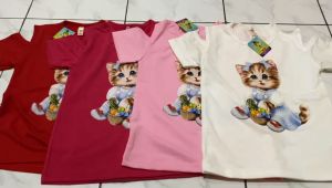 kaos atasan oblong distro lengan sabrina anak cewek kucing / pakaian baju t-shirt anak perempuan model sabrina cat kucing
