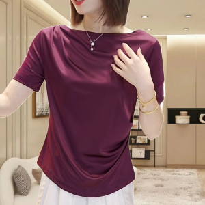Luxurious Summer Thin Breathable Solid Color Short Sleeve T-shirt Fashionable One-Shoulder Loose Slimming Top for Women