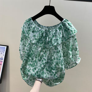 Áo Sơ Mi Voan Tay Ngắn Che Bụng Một Bên Vai Họa Tiết Hoa Cho Nữ Mùa Hè Thường Ngày Phong Cách Hàn Quốc Tay Dài Cổ Tròn