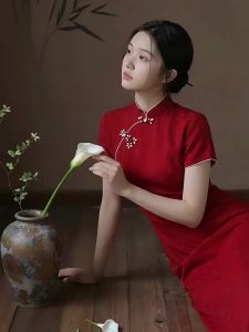 Retro Style Qipao Dress Stand Collar Bodycon Buttoned Short Sleeve