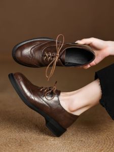 Retro Brown Brogue Flat Bottom Soft Bottom Laced Womens Shoes Spring Autumn Comfortable Casual Fashion Single Shoes
