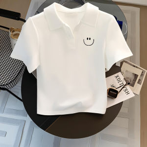 LINGLONGDAI | Pure Cotton Short Sleeve Polo Neck T-Shirt Women Summer Slim Fit Base Shirt Short Style Top Trendy White Color Commute Style