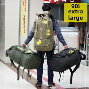 90L Oversized Canvas Solid Outdoor Hiking Travel Backpack Mens Working Quilt Backpack Travel Luggage Large Backpack