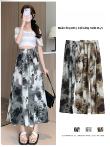 MiiOW | Quần dài in họa tiết sơn mài phong cách Trung Hoa cạp cao mùa xuân hè 2025 Quần dài rộng rãi thoáng khí cho nữ