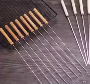 10PCS Barbecue Skewers Handle 35cm Stainless Steel Grilling Skewer Wooden Handle BBQ Skewers Stick