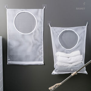 1/2pcs Folding Folding Laundry Sorting Basket Washing Frame Bathroom Mesh Dirty Clothes Storage Bag Wall Hanging Bag with Hook