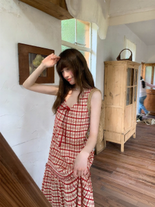NIHAOKANONG | Đầm Midi Dáng Suông Phong Cách Hợp Mùa Hè Cổ Điều Chỉnh Họa Tiết Caro Đỏ