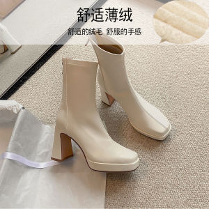Pear Small Seven ~ White High-Heeled Short Boots Female Thick Heel Thin Boots Small Height Increased Authentic Leather Square Toe Elastic Boots