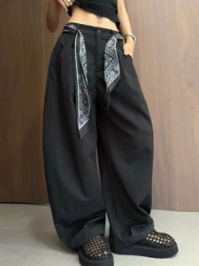 High Waist Wide Leg Suit Pants Womens Summer Casual Trousers with Scarf Waist Belt Side Hole Fashionable Korean Style