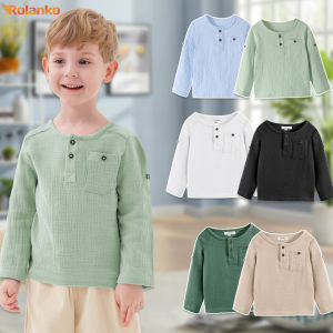 Rolanko Boys Toddler Boys Henley Long Sleeve Cotton Linen Shirt Solid Short Beach Casual Button Tees Tops 1-6Years