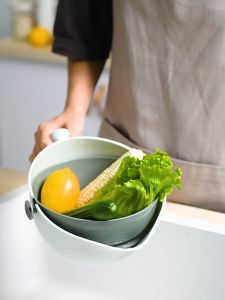 Pinmu Design Upgraded Bird Draining Basket: Double-Layer Fruit and Vegetable Rotating Drainer Kitchen Essential Purple 29.9 x 22.5 x 11.8 cm 300 g 2000 ml Single Handle Double Layer Design