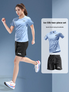 Womens Summer Ice Silk Running Quick Dry Short Sleeve Shorts Fitness Yoga Badminton Clothing Large Size T-Shirt Sports Set