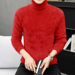 Men Autumn and Winter Mink Fur Turtleneck Sweater Fashion Warm Keeping Imitation Mink Thickened Slim Fit Base Knitwear Tops