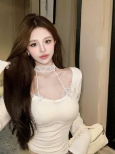 Black Lace Splice Long Sleeve T-Shirt Womens Neck Hanging Style Ballet Pure Desire Slim Fit Base Layer Top Commute Korean Style