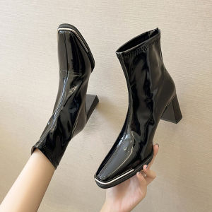 Giày Bốt Martin Da PU Cao Gót Đế Dày Phong Cách Ngọt Ngào Cho Nữ Mùa Xuân Thu Giày Bốt Ngắn Mũi Vuông Đa Năng