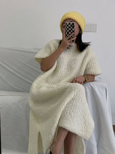 ชุดเดรสสเวตเตอร์คอตั้งแขนสั้นหลวมๆ สำหรับผู้หญิง ชุดเดรสยาวคลุมเข่าทรงเอ ทรงหลวม สไตล์หวานๆ ฤดูใบไม้ผลิ 2022