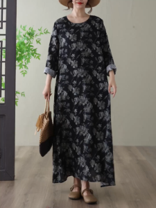 LC2306 Premium Oversized Floral Dress Tipis Motif Bunga Fashion Retro Terbaru