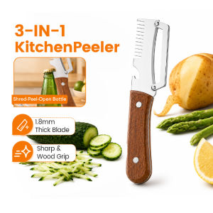 Stainless Steel Kitchen Peeler 3-in-1 Peel / Julienne / Open Bottles with Non-Slip Wood Grip & Thickened Blade For Peeling Fruits Vegetables & Shredding Ingredients Pengupas Dapur 厨房削皮器
