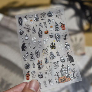 Halloween Relief Nail Stickers Dark and Quirky Spiders Ghosts Skeletons Pumpkins and Grimace Nail Art Decoration Sticker Decals