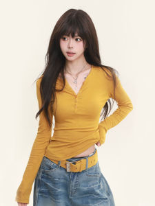 Áo Thun Dài Tay Cổ Chữ V Màu Trơn Thiết Kế Kiểu Pháp Cho Nữ Mùa Thu 2025 Áo Thun Nữ Dáng Ôm Vừa Vặn Thời Trang Thường Ngày