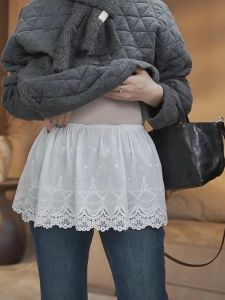 กระโปรงสั้นผ้าลูกไม้ลายดอกไม้เอวสูงทรงเอเข้ารูปสำหรับผู้หญิงไซส์ใหญ่ ฤดูใบไม้ร่วง ฤดูหนาว กระโปรงทรงเอเข้ารูปแบบลำลอง