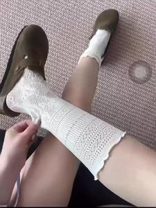 Elegant Lace Trimmed White Stack Socks Mid-calf