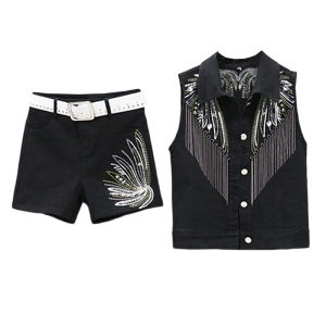 Womens Denim Set Short Sleeve Sequin Trim Slim Fit Vest And Shorts Two Piece Heavy Duty Fashionable Korean Style Spring Summer