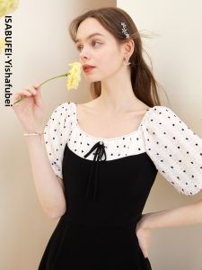 isabufei | Đầm Chiffon Jacquard Tay Voan Thiết Kế Gợn Sóng Nơ eo