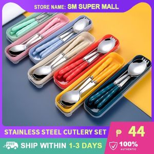 【Stainless Steel】Portable Spoon and Fork chopsticks Set with Case Tableware Cutlery 3in1 Set with Box