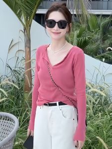 Pink Knitted Sweater Womens Loose Korean Style Long Sleeve Shirt Autumn Fashion Lazy Style Fragrance Wind Top Pure Color