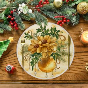VIKAMA Beige Gold Flower Ornament Pearl Round Placemat Yellow Blossom Green Leaf Ball Bead Luxury Christmas Table Mat Decor Soft