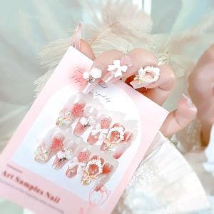 Ballerina Pink Tekan pada Kuku Buatan Tangan Kuku Palsu Bunga Simpul Busur Desain Balet Panjang Kuku Manikur yang Dapat Dipakai untuk Wanita