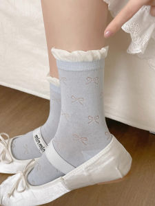 Sweet Style Mid-Calf Thin Long Socks with Butterfly Knot Versatile Cute Spring Summer Outerwear Suitable for Women