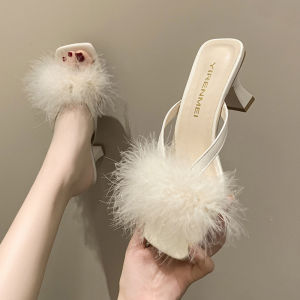 เซ็กซี่ รองเท้าแตะแบบสวมขนปุยรองเท้าส้นสูงหัวเหลี่ยมสวมใส่กลางแจ้ง ฤดูร้อน 2024 ทันสมัย สบาย ผู้หญิง รองเท้า