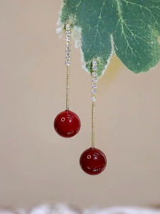 Elegant Long Pearl Earrings Fashionable Zircon Diamond Embedded Red Ball Drop Earrings Versatile Face Shaping Womens Jewelry