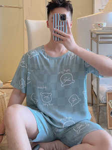 ชุดฤดูร้อนชุดนอนแขนสั้นสำหรับผู้ชายชุดใส่อยู่บ้านผ้าป๊อปปลิ้นผ้าฝ้ายใส่ออกไปข้างนอกได้สำหรับวัยรุ่นชุดฤดูร้อนไซส์ใหญ่พิเศษ