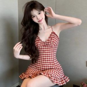 GUZILIAN | Stylish Plaid Halter Spaghetti Strap Backless Waist-Cinching Slimming Short Top