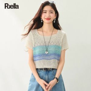 puella | Striped Lace-Up Short Sleeve Knit Top Loose Fitting Slim